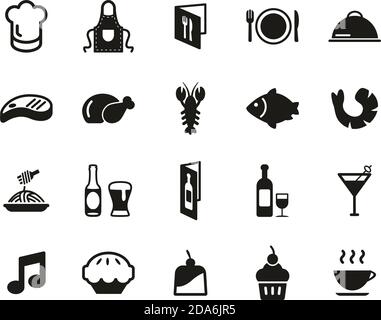 Restaurant Or Dinner Icons Black & White Set Big Stock Vector