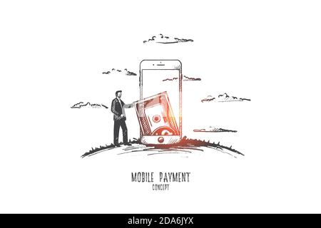 Mobile paymant concept. Hand drawn isolated vector. Stock Vector