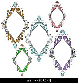 A set of beautiful frames. Multicolored vintage oval frames on a white background. Wonderful ornament template. Great for invitation, flyer, menu Stock Vector