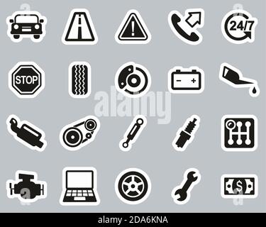 Road Assistance Service Icons Black & White Sticker Set Big Stock Vector