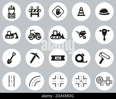Road Construction Icons Black & White Flat Design Circle Set Big Stock Vector