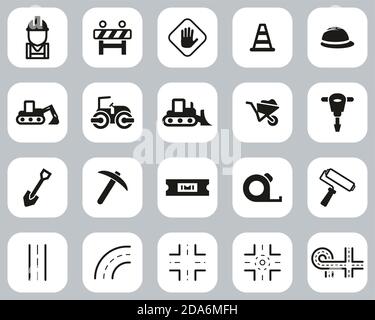 Road Construction Icons Black & White Flat Design Set Big Stock Vector