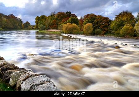 Long exposure of cauld on the River Tweed by Melrose with autumn trees in the background. Stock Photo