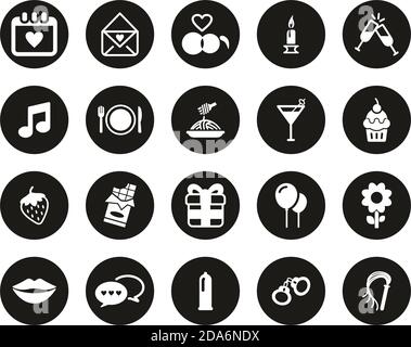 Romantic Or Courting Icons White On Black Flat Design Circle Set Big Stock Vector