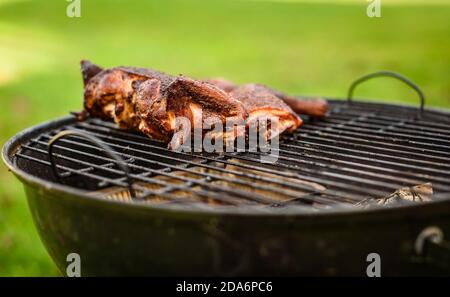 Traditional spatchcocked barbecue chicken al mattone on charcoal grill. Grilling and smoking spatchcock chicken outdoors on firewood BBQ grill in natu Stock Photo