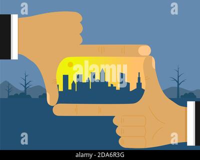 The architect s hands show a new city in the future on a deserted, deserted place. The concept of building modern cities on free plots of land. Vector Stock Vector
