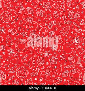 Christmas ornaments seamless pattern. Red and white doodle style vector illustration pattern for surface, t shirt design, print, poster, icon, web, gr Stock Vector