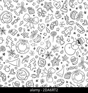 Christmas ornaments seamless pattern. Black and white doodle style vector illustration pattern for surface, t shirt design, print, poster, icon, web, Stock Vector