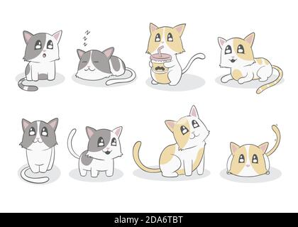 Kawaii cats collection. Colorful vector illustration set. Stock Vector