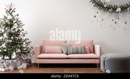 christmas tree next to sofa, christmas decorated living room concept, 3D background illustration Stock Photo