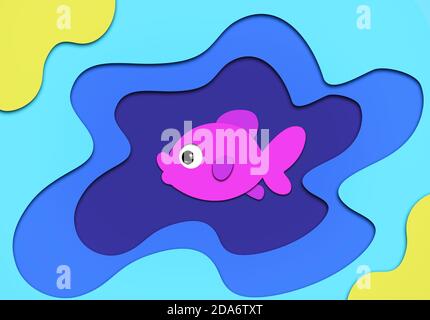 3d Paper cutout pink fish in a pond Stock Photo