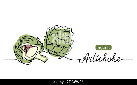 Artichoke vector illustration. One line drawing art illustration with lettering organic artichoke Stock Vector