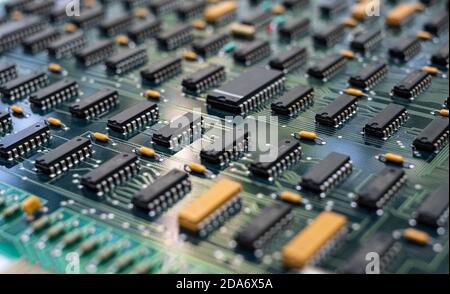 Closeup Electronic circuit board ( PCB )components detail and An integrated circuit (ic) Stock Photo