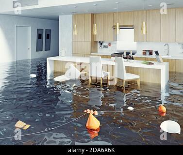 flooding  kitchen interior. 3d rendering idea Stock Photo