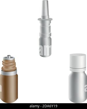 3d blank pharmaceutical packs: nasal spray, jar with dispenser bottle for drugs. Vector mock-up of clean white packaging for medicament. Set for Stock Vector