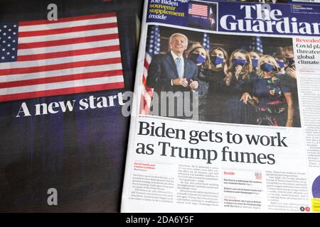 'Biden gets to work as Trump fumes' Joe Biden Guardian newspaper headlines front page on 9 November 2020 after 7 November win to be next US President Stock Photo