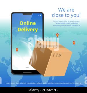 Online delivery service concept. Realistic phone, plane and package box. Suitable for banner, background, application, poster, on mobile. Horizontal Stock Vector