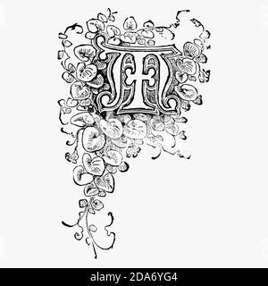 An ornately decorated letter used as an initial or drop cap at the beginning of a word, a chapter, or a paragraph that is larger than the rest of the text. The word is derived from the Latin initialis, which means standing at the beginning. An initial is often several lines in height and in older books or manuscripts, sometimes ornately decorated. Stock Photo