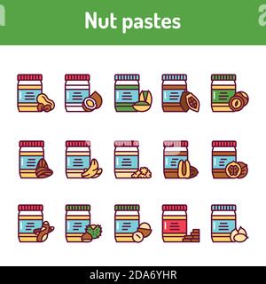 Nut pastes color line icons set. Isolated vector element. Stock Vector