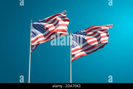 Beautiful national state flags of USA and Cambodia together at the sky ...