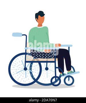 cartoon young man sit in wheelchair with blue elements and beige back and seat. Black trousers and green sweater. Hand drawn style. isolated on white Stock Vector