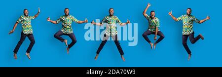 Collage of jumping black guy in traditional african costume Stock Photo