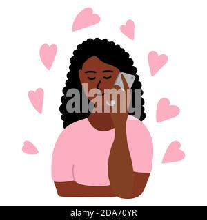 Hand drawn african girl talking on the phone. Brunette black skin female holds smartphone with her hand. there are many pink hearts around her Stock Vector