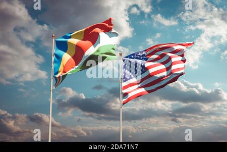 Beautiful national state flags of USA and Cambodia together at the sky ...