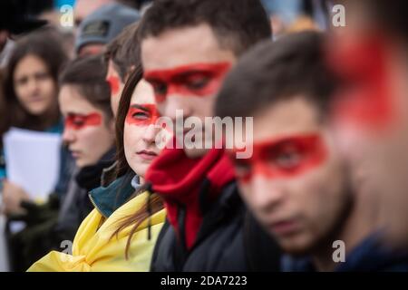 KYIV, UKRAINE - Oct. 06, 2019: Thousands ukrainians attend rally against signing of so-called Steinmeier Formula on the Independence Square in Kyiv, Ukraine Stock Photo