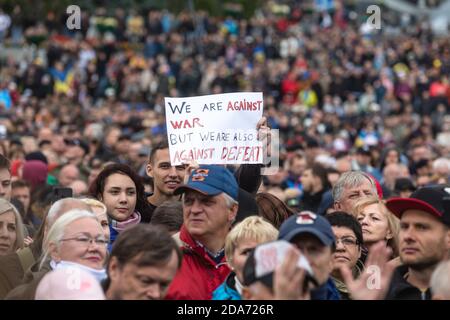 KYIV, UKRAINE - Oct. 06, 2019: Thousands ukrainians attend rally against signing of so-called Steinmeier Formula on the Independence Square in Kyiv, Ukraine Stock Photo