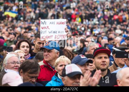 KYIV, UKRAINE - Oct. 06, 2019: Thousands ukrainians attend rally against signing of so-called Steinmeier Formula on the Independence Square in Kyiv, Ukraine Stock Photo