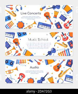 Music school - set of colorful flat design style banners Stock Vector