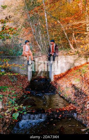 couple men and woman hiking in the forrest with autumn collors and small streaming water river with fall colors and orang red leaves on the ground at Stock Photo