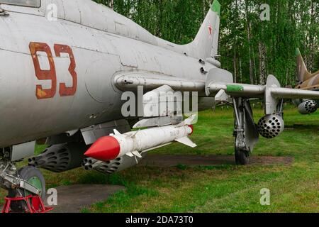 Moscow/Russia; June 26 2019: Sukhoi Su-17M3 soviet strike fighter close view, displayed in russian military aircraft museum Stock Photo