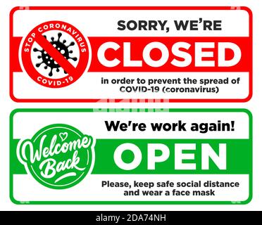 Open and Closed signs on the front door of a store or office. Design information building facade, vector Stock Vector