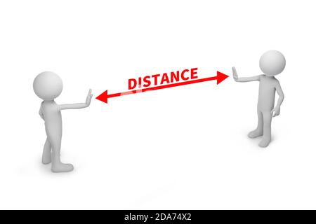 Two people standing keep distance with the word social distancing in between concept, New normal concept, People keeping distance for infection risk a Stock Photo