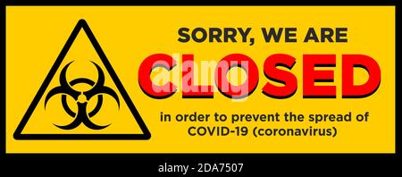 Office is temporarily closed by the coronavirus sign in the color of bacteriological danger. Information warning sign about quarantine measures in pub Stock Vector