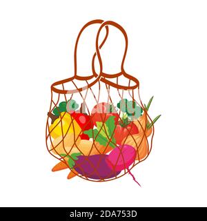 Modern Mesh eco shopping bag full of fresh with fresh organic food from local market. Vector illustration in flat cartoon style. Stock Vector