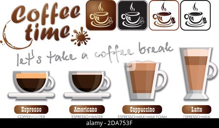 Coffee time set - the appearance of the drink and methods of making coffee. Coffee card, menu, vector Stock Vector