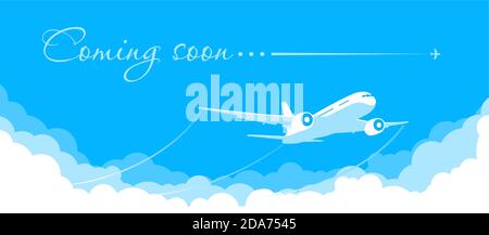 Blue sky with clouds and a plane taking off. Announcement of the opening and the beginning of flights after quarantine. Illustration, vector Stock Vector