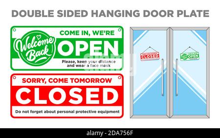 Double sided  hanging door plate Open and Closed. Come in and come tomorrow red and green color. Vector Stock Vector