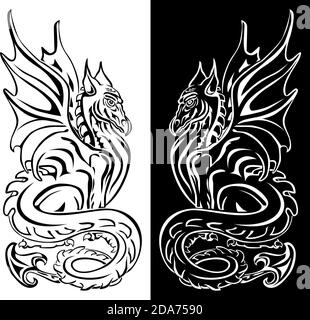 Line art of fantastic dragon for tattoos, t-shirt design, glass surface treatment. Illustration, vector Stock Vector