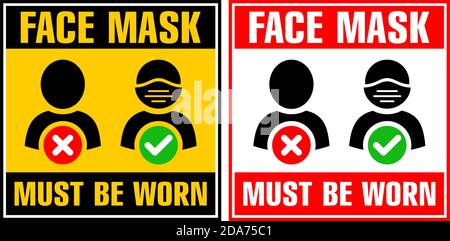 Doors sign Face mask required. Protective face mask must be worn. Square warning signage for restaurant, cafe and retail business. Illustration, vecto Stock Vector
