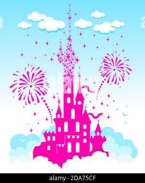 Princess Castle. Fantasy pink flying palace in the clouds on the background of fireworks and stars. Fairytale Royal Medieval Paradise Palace. Cartoon Stock Vector