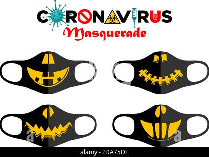 Print design concept on reusable face protection masks. Entertainment during coronavirus quarantine. Halloween pumpkin emoticon. Illustration, vector Stock Vector