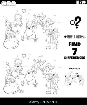 Black and white cartoon illustration of finding differences between pictures educational game for children with Christmas Santa characrters coloring b Stock Vector