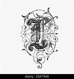 An ornately decorated letter used as an initial or drop cap at the beginning of a word, a chapter, or a paragraph that is larger than the rest of the text. The word is derived from the Latin initialis, which means standing at the beginning. An initial is often several lines in height and in older books or manuscripts, sometimes ornately decorated. Stock Photo
