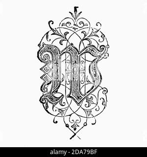 An ornately decorated letter used as an initial or drop cap at the beginning of a word, a chapter, or a paragraph that is larger than the rest of the text. The word is derived from the Latin initialis, which means standing at the beginning. An initial is often several lines in height and in older books or manuscripts, sometimes ornately decorated. Stock Photo