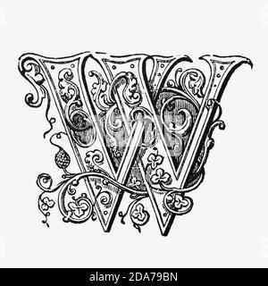 An ornately decorated letter used as an initial or drop cap at the beginning of a word, a chapter, or a paragraph that is larger than the rest of the text. The word is derived from the Latin initialis, which means standing at the beginning. An initial is often several lines in height and in older books or manuscripts, sometimes ornately decorated. Stock Photo