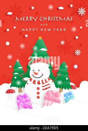 Merry Christmas. Snowman, pine trees, snowflakes gift boxes and text on red background. Vector illustration. Stock Vector